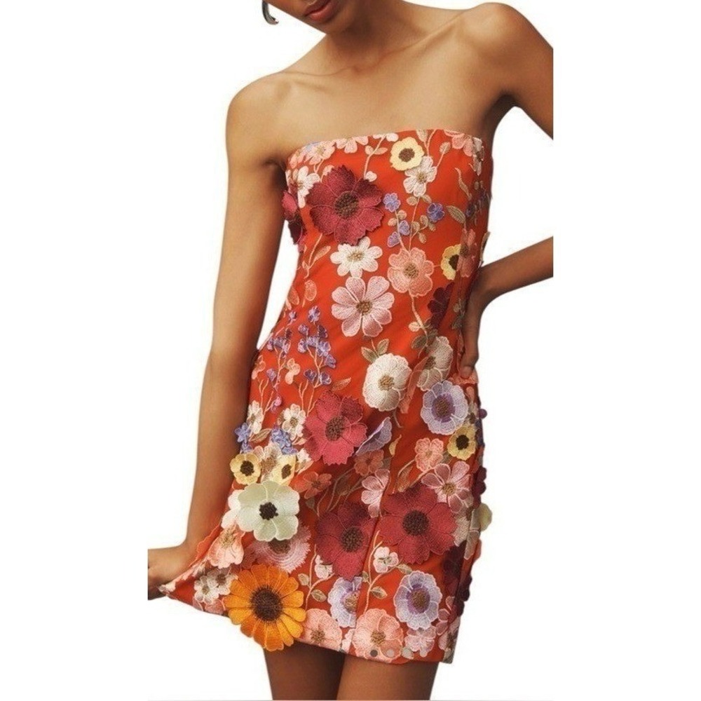 Anthropologie Endless Rose 3D Flowers Floral Embroidered Red Mini Dress S - Picture 2 of 7